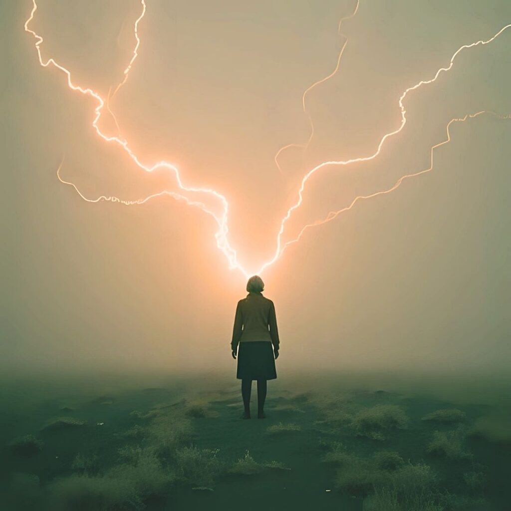 Frau in einer düsteren Landschaft die von einem Blutz erhellt wird.